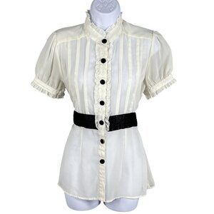 Cotton Express Missy Womens S Sheer Silk Babydoll Blouse Button Up Belted Ruffle